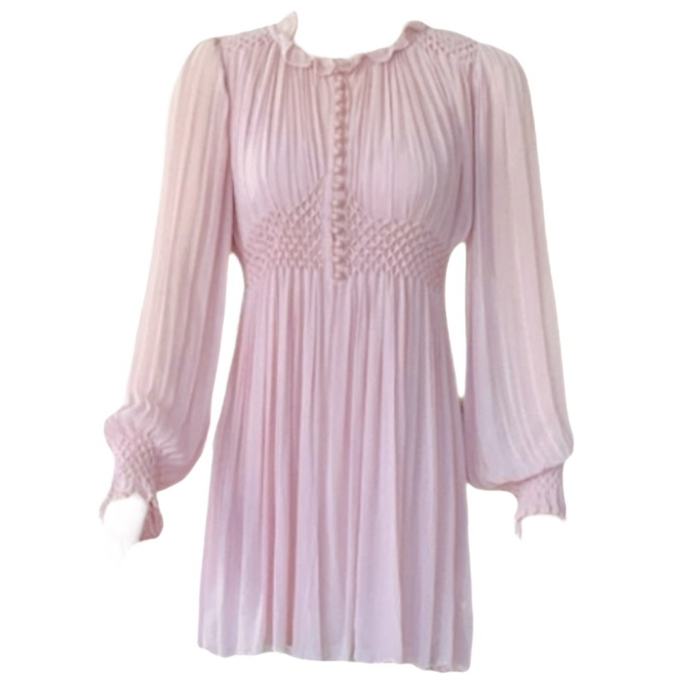 LOVESHACKFANCY Belinda Smocked A-Line Swing Long Sleeve Button-down Mini Dress - Picture 8 of 15